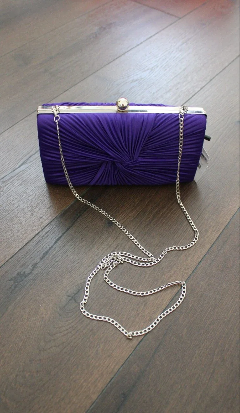 Akira Purple Satin‎ Knotted Evening Clutch with Chain